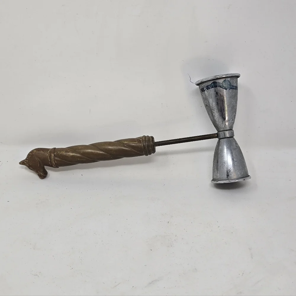 Vtg brass handle double jigger cocktail man cave rustic‎ equestrian mid century
